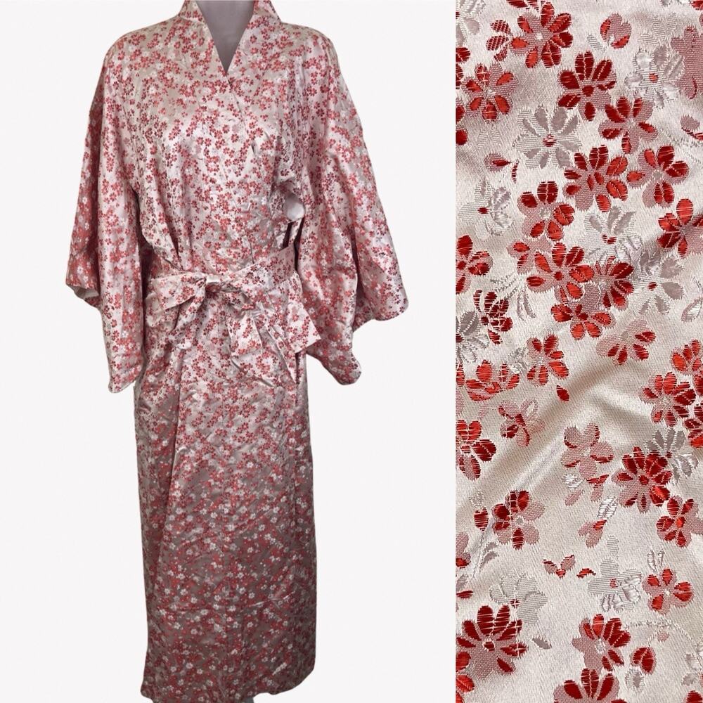 Vintage Japanese Kimono Robe One Size Red Floral Satin Wrap Japan